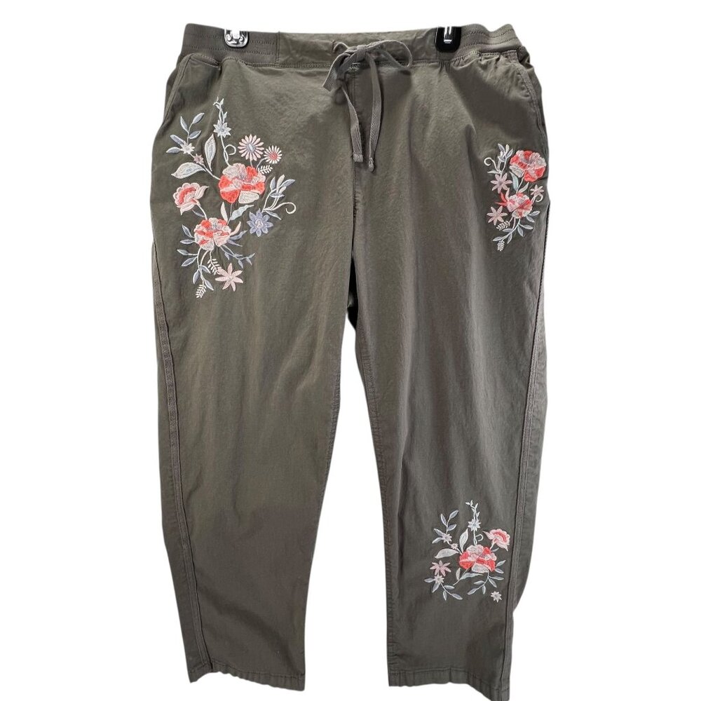 NWT Style & Co Embroidered Pants PL Floral Olive Green Stretch Mid Rise Petite L